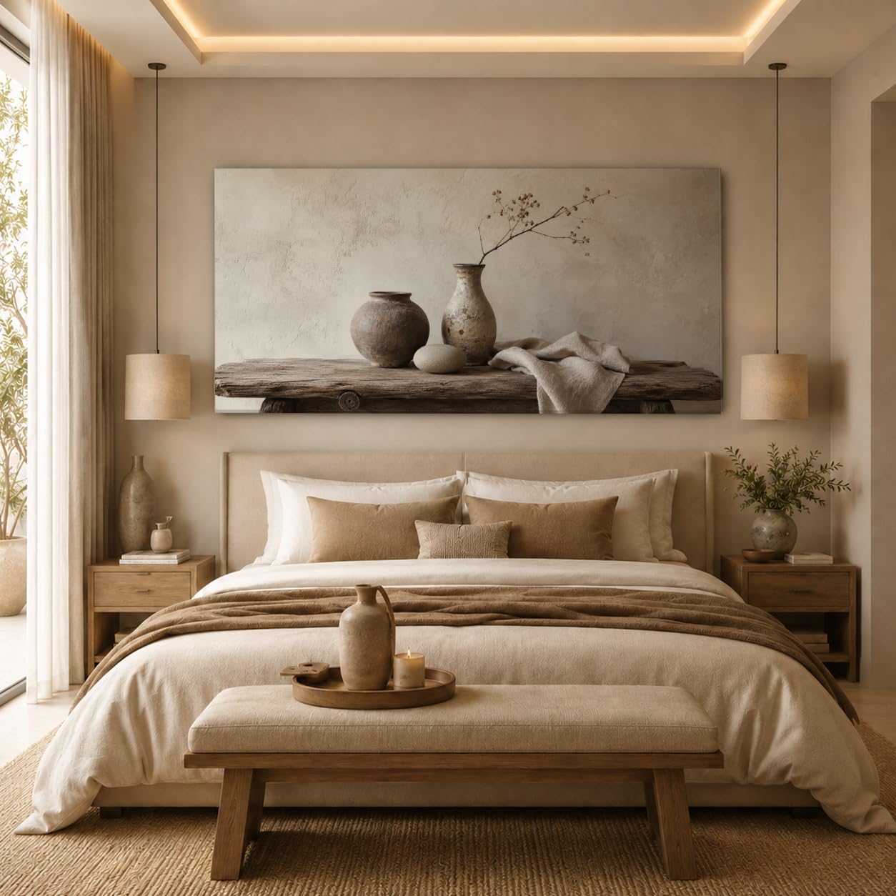 JILLICK Rustic Pottery Canvas Wall Art, Neutral Vase Still Life Horizontal Wall Decor for Living Room Dining Room Office 58x28 Inch, Large Horizontal Wall Art for Living Room Above Sofa