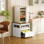 YATINEY Mini Fridge Stand with Storage, Refrigerator Stand with Mobile Drawer, Mini Fridge Cabinet for Heavy Microwave Stand, Mini Fridge Cart for Dorm, Bedroom, Kitchen,White and Walnut HB50WH