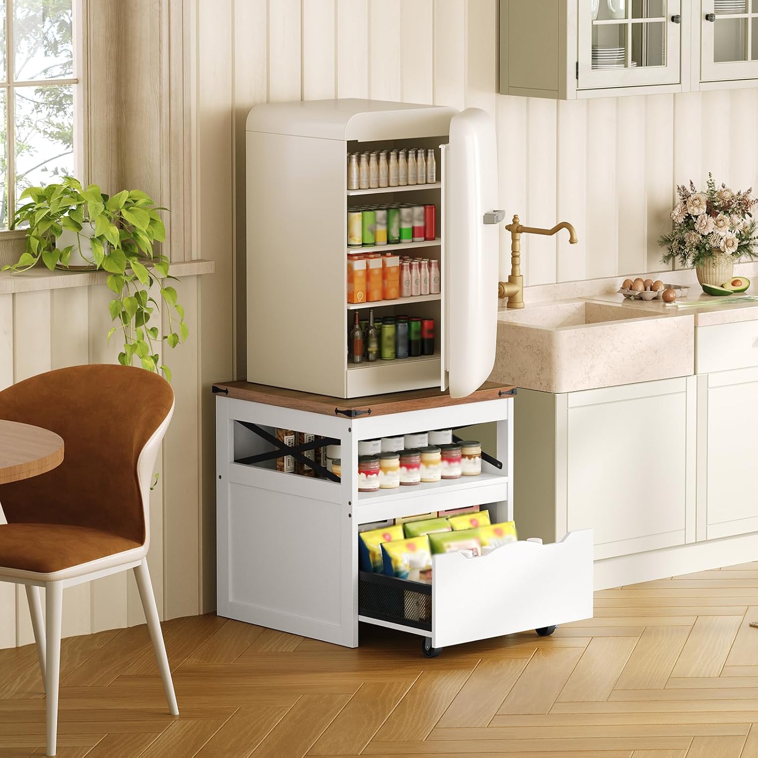 YATINEY Mini Fridge Stand with Storage, Refrigerator Stand with Mobile Drawer, Mini Fridge Cabinet for Heavy Microwave Stand, Mini Fridge Cart for Dorm, Bedroom, Kitchen,White and Walnut HB50WH