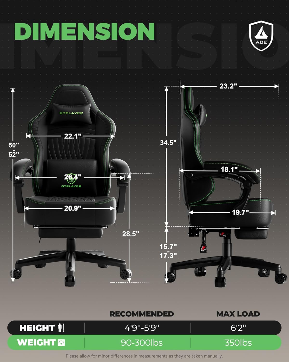 GTPLAYER Gaming Chair, Video Game Chairs with Footrest, PC Gamer Chairs for Adults - Padded High Back Ergonomic Reclining Silla Gamer, Linkage Armrest, Ace Pro, Black Green