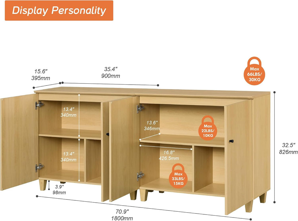 WAMPAT 71" Wide Wood Sideboard Buffet Table with 4 Doors – Large Oak Credenza Storage Cabinet for Dining Room, 2-in-1 Modern Coffee Bar with 6 Compartments for Living Room & Hallway