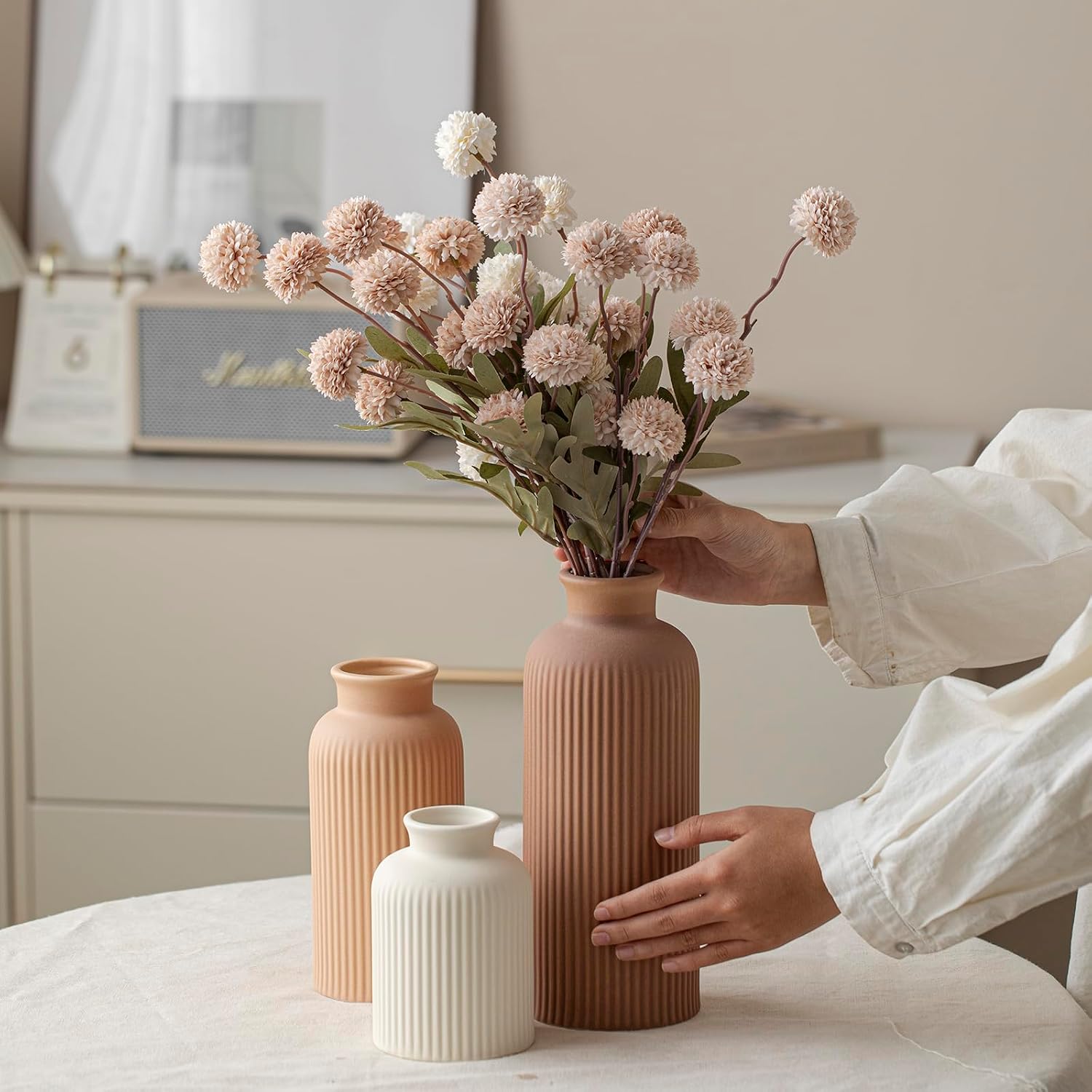 Large Modern Ceramic Vase Set, Coffee Ribbed Matte Design, 3-Piece Decorative Vases for Home, Living Room, Office (XL Coffee Mix)