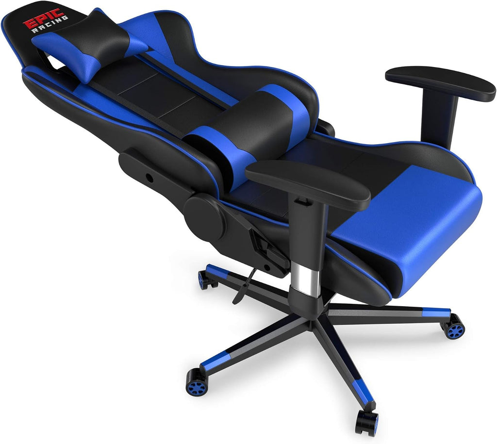Professional Blue Gaming Chair - Leather Gaming Chair with Adjustable Height and Headrest Support