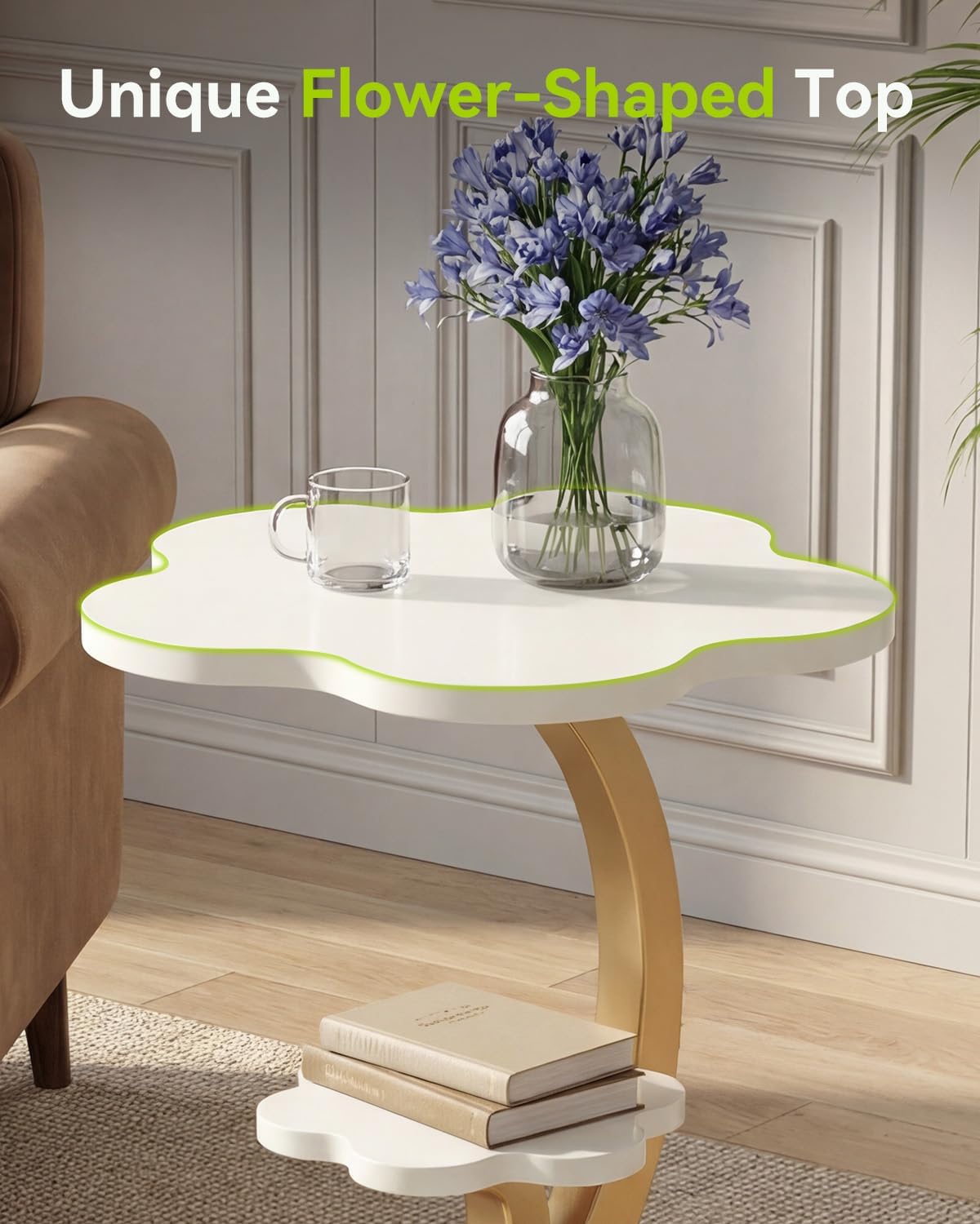 LITTLE TREE End Table, 2-Tier Sofa Side Table, Flower Nightstand with C-Shaped Gold Frame, Modern Luxury Accent Table for Living Room, Bedroom, Small Spaces, Easy Assembly, Glossy Gold + White, 2 PCS
