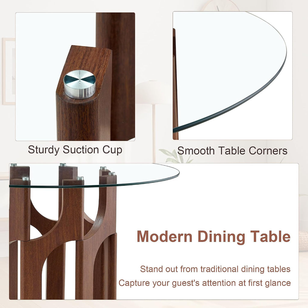 46" Round Tempered Glass Dining Table for 4-6, Mid-Century Modern Glass Dining Room Table with MDF Sculptural Base, Clear Kitchen Dinner Table for Small Space Home Apartment Dining Room,Walnut