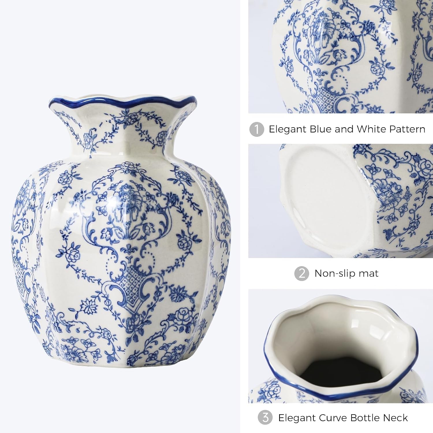 Blue and White Vase, Chinoiserie Ceramic Vase for Centerpiece, 5.91" Vintage Flower Vase for Living Room, Office,Home Decor,French Country Decor