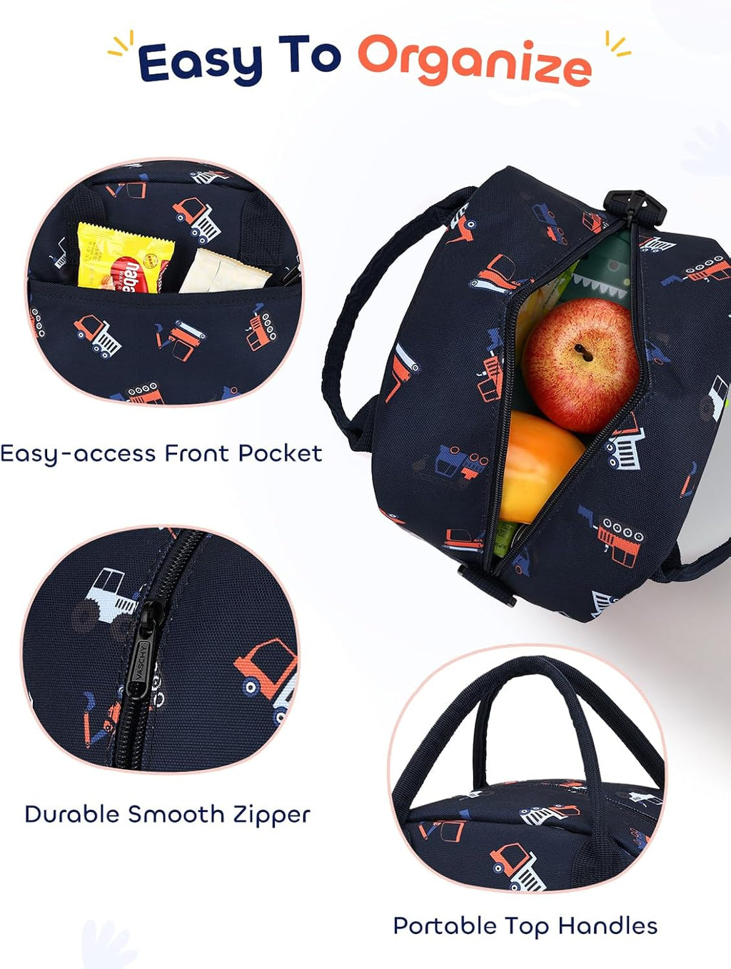 VASCHY Lunch Box Bag for Kids, Insulated Lightweight Lunch Box Tote for Toddler Boys School Daycare Kindergarten Construction Blue