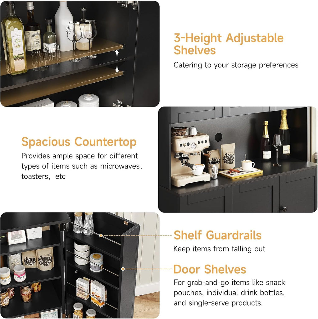 ONBRILL 71" Tall Kitchen Pantry Storage Cabinet with Microwave Stand & Door Shelf, Freestanding Kitchen Hutch with 6 Doors and Adjustable Shelves, Modern Food Pantry for Dining Room, Black