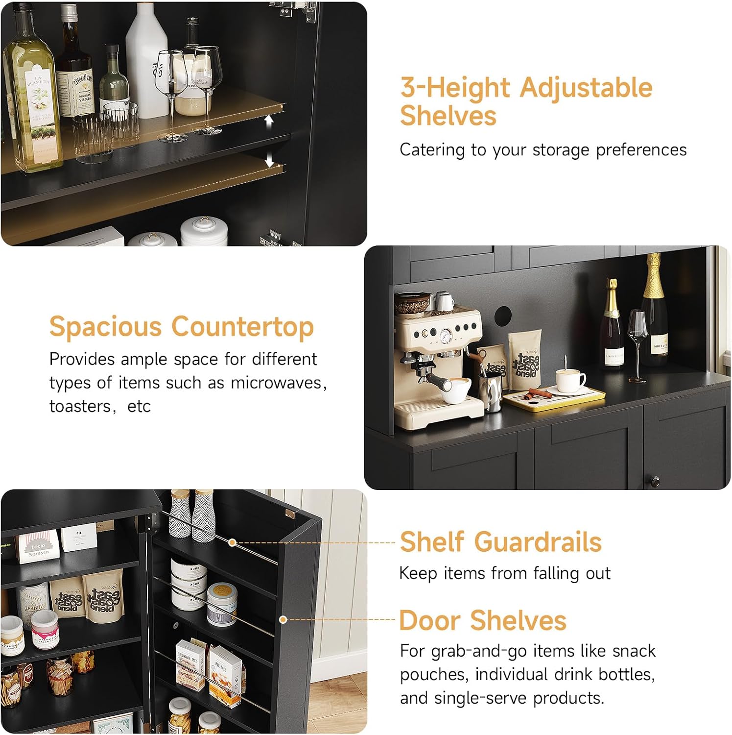 ONBRILL 71" Tall Kitchen Pantry Storage Cabinet with Microwave Stand & Door Shelf, Freestanding Kitchen Hutch with 6 Doors and Adjustable Shelves, Modern Food Pantry for Dining Room, Black