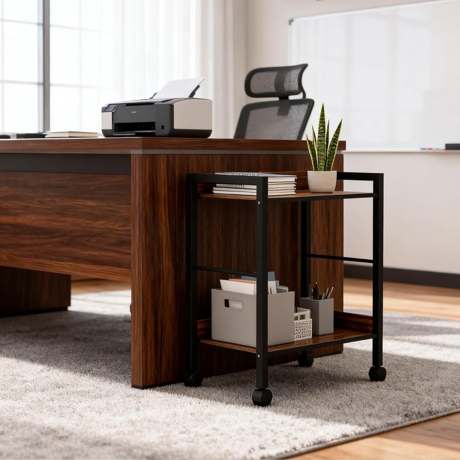Rolling Side Table & Nightstand, 2-Tier Industrial End Table with Wood Shelves on Wheels, Mobile Sofa Table, Rustic Walnut Small Storage Cart for Living Room, Bedroom, Office.Brown