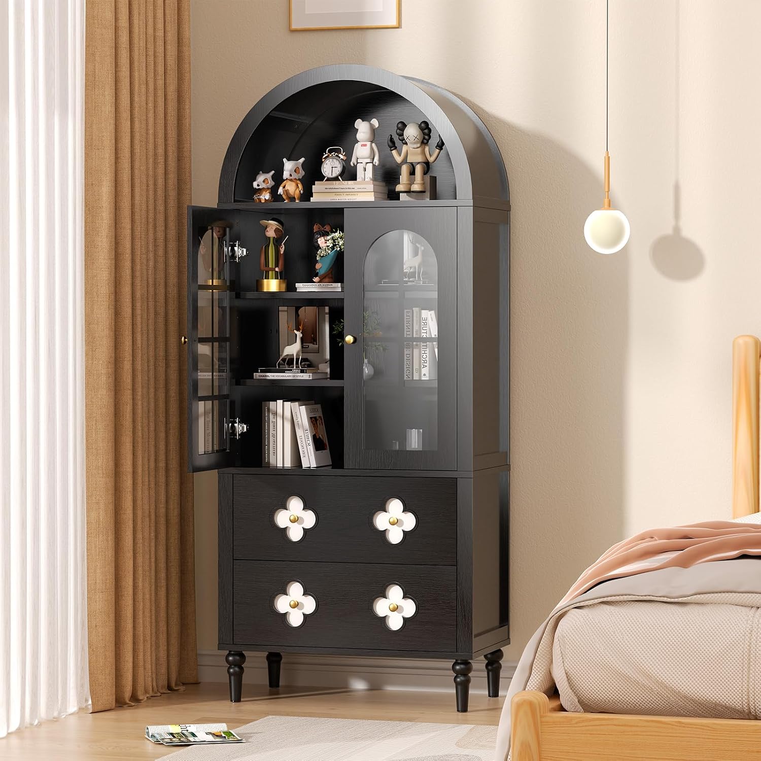 71" Tall Arched Pantry Cabinet, Modern Farmhouse Storage with Glass Doors, 2 Large Drawers, Anti-Tipping Device, Versatile for Kitchen Dining Room Bathroom, 71"x30"x16" (Black)