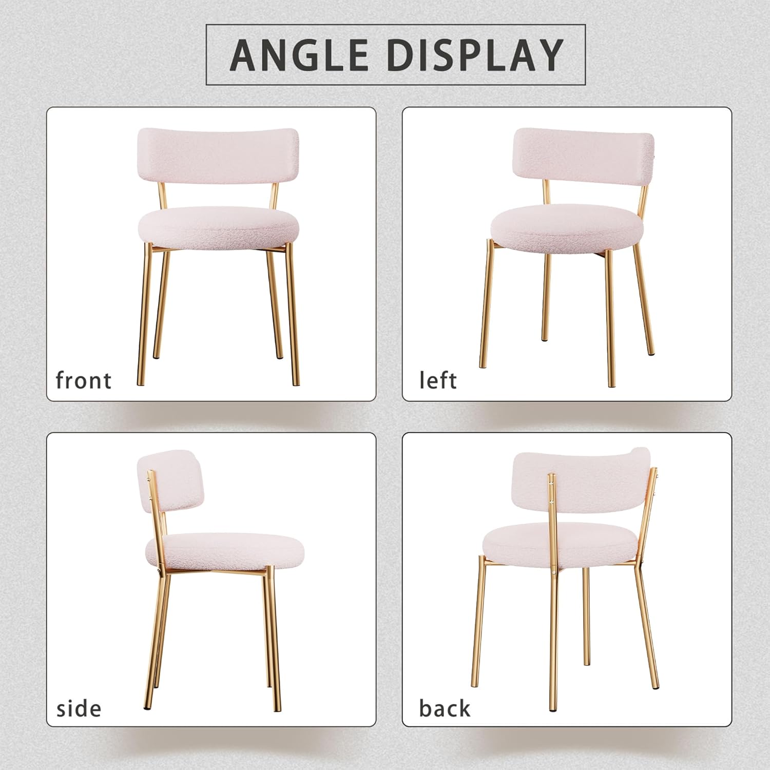 Boucle Dining Chairs Set of 2, Modern Round Upholstered Dining Chairs, Curved Backrest Kitchen Dining Room Chairs, Mid-Century Pink Dining Chair with Golden Metal Legs