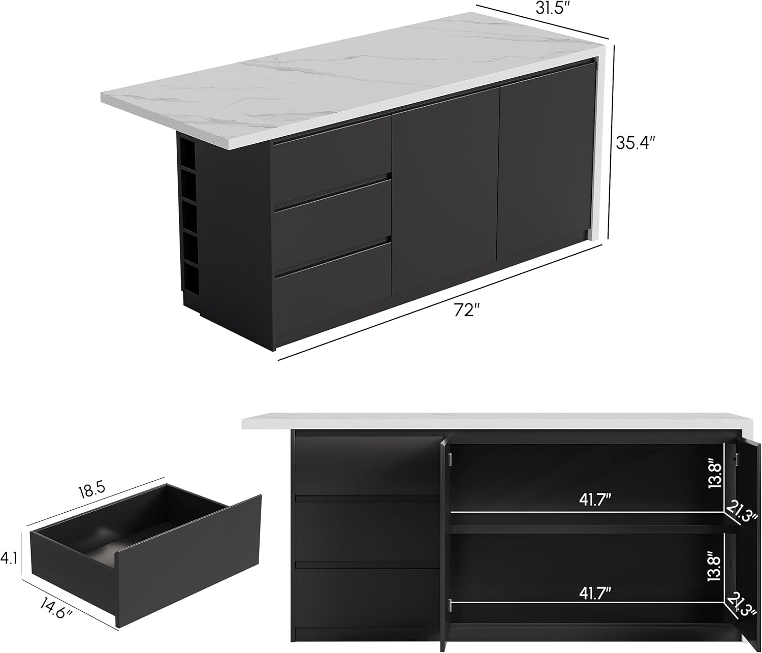 homary Kitchen Island with Storage & Wine Rack, 72" Modern Black Kitchen Cabinet with Wood Top, Large Fixed Island with 3 Drawers & 6 Adjustable Shelves, Without Bar Stools