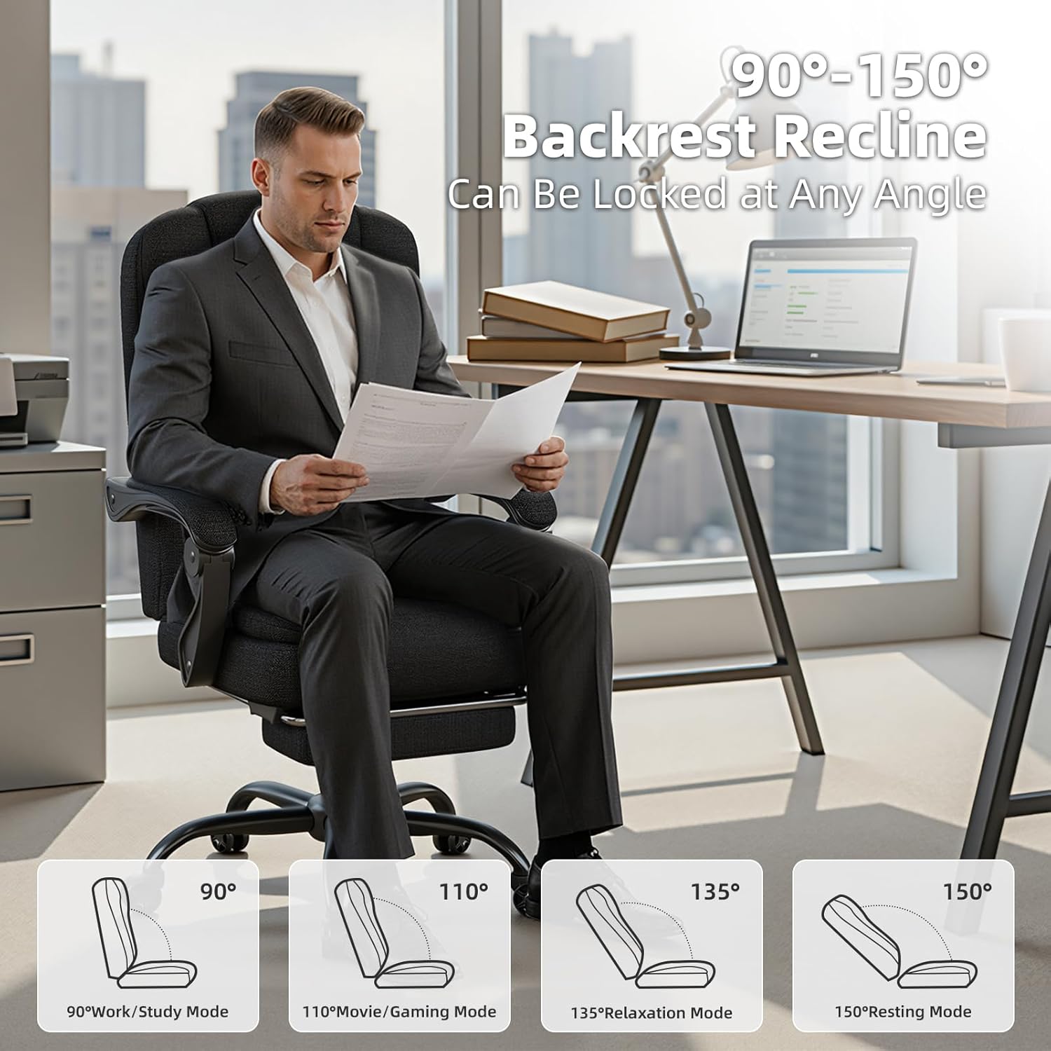Office Chair, Fabric Gaming Chair with Footrest, Executive Comfortable Computer Desk Chairs, 360° Swivel Base & Height Adjustable Reclining Ergonomic Task Chair for Adults, Gamer Chair & Silla Gamer
