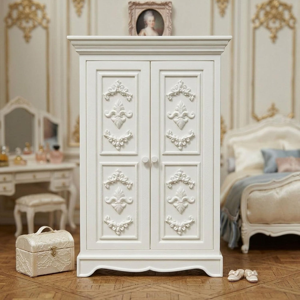 Small-Scale Wardrobe Furniture, French Inspired Double Door Armoire with White Relief Panels for Bedroom Display and Room Box Decor Small Scale Wardrobe French Armoire Double Door Cabinet White Relief