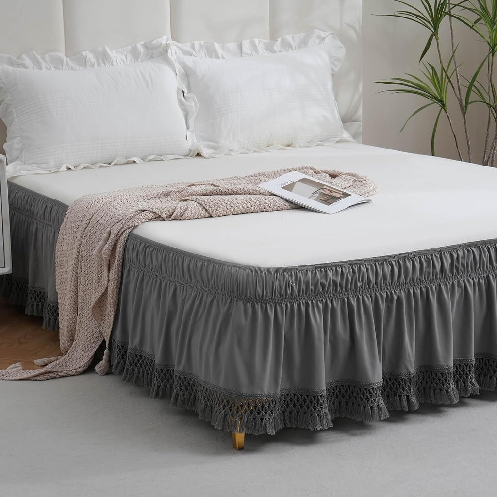 Boho Bed Skirt with 16 Inch Drop, Wrap Around Tassel Bed Skirt, Elastic Dust Ruffle with Adjustable Belts, Easy to Put On, Bed Frame Cover, Machine Washable (Gray,Queen 60"x80")