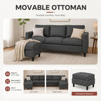 73.6" Convertible Sectional Sofa Couch with Reversible Ottoman, Modern 3-Seater L-Shaped Couch for Small Spaces, Compact Sofa for Studio Apartment, Living Room & Office, Easy Assembly (Gray)