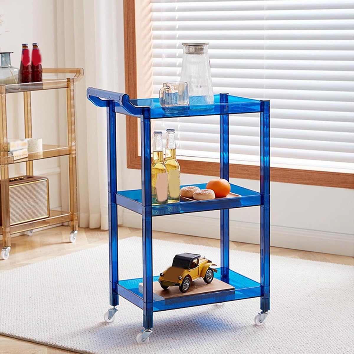 Acrylic Side Table, 3-Tier Acrylic Bar Cart with Wheels and Handle, Clear Multifunction Small Spaces Rolling Serving for Kitchen Living Room Dining Laundry(Blue)