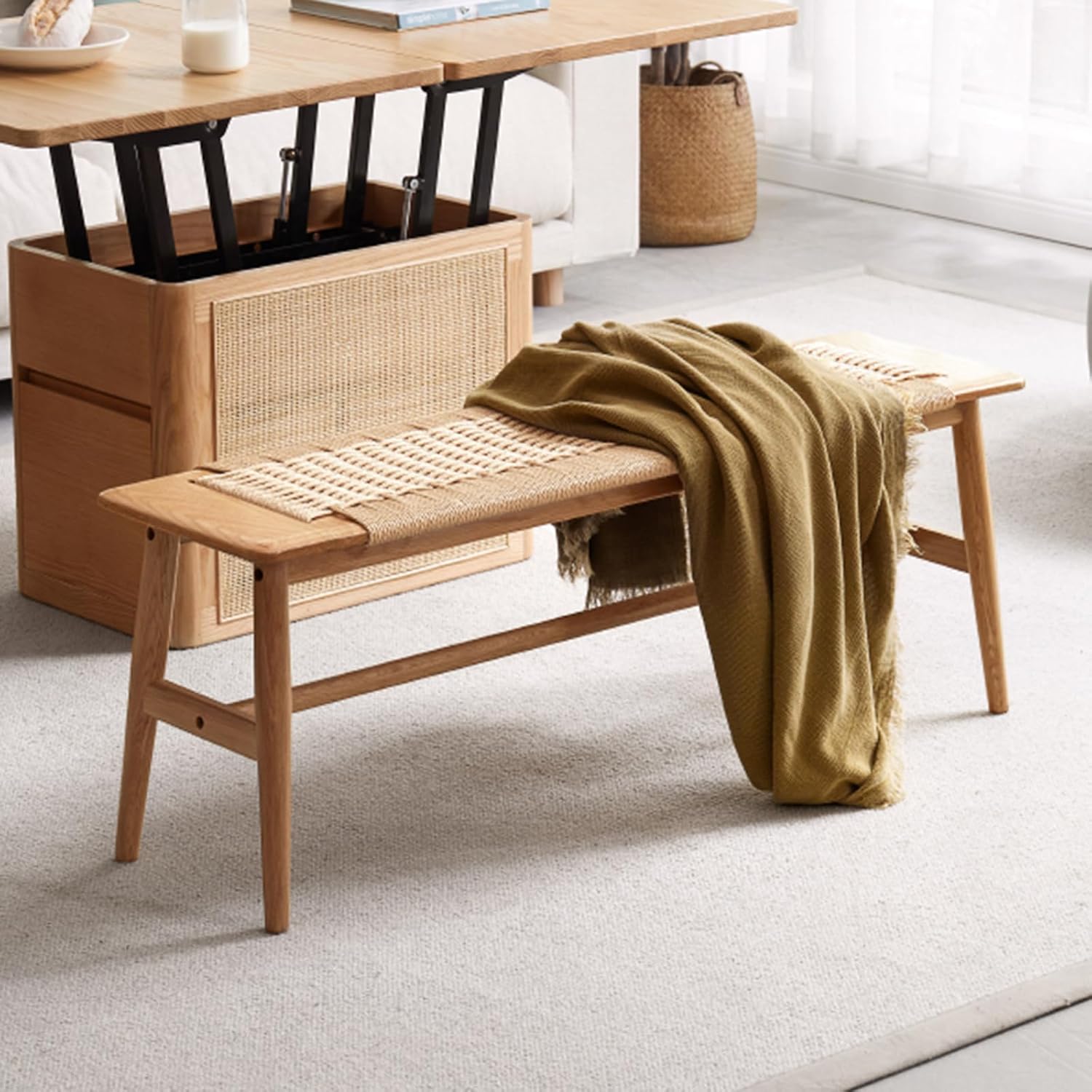 Rattan Wood Bench,100% Solid Oak Dining Bench with Woven Design, Sturdy Mortise Bench for Bench,Entryway,Dining,White/Beige Color (47.24inch Beige Color)