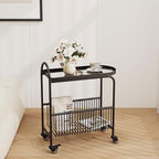 Small Sofa Side Table End Table with Wheels, 2-Tier Utility Rolling Cart Storage, Mobile Trolley Organizer with Handle (Color:A-Black)
