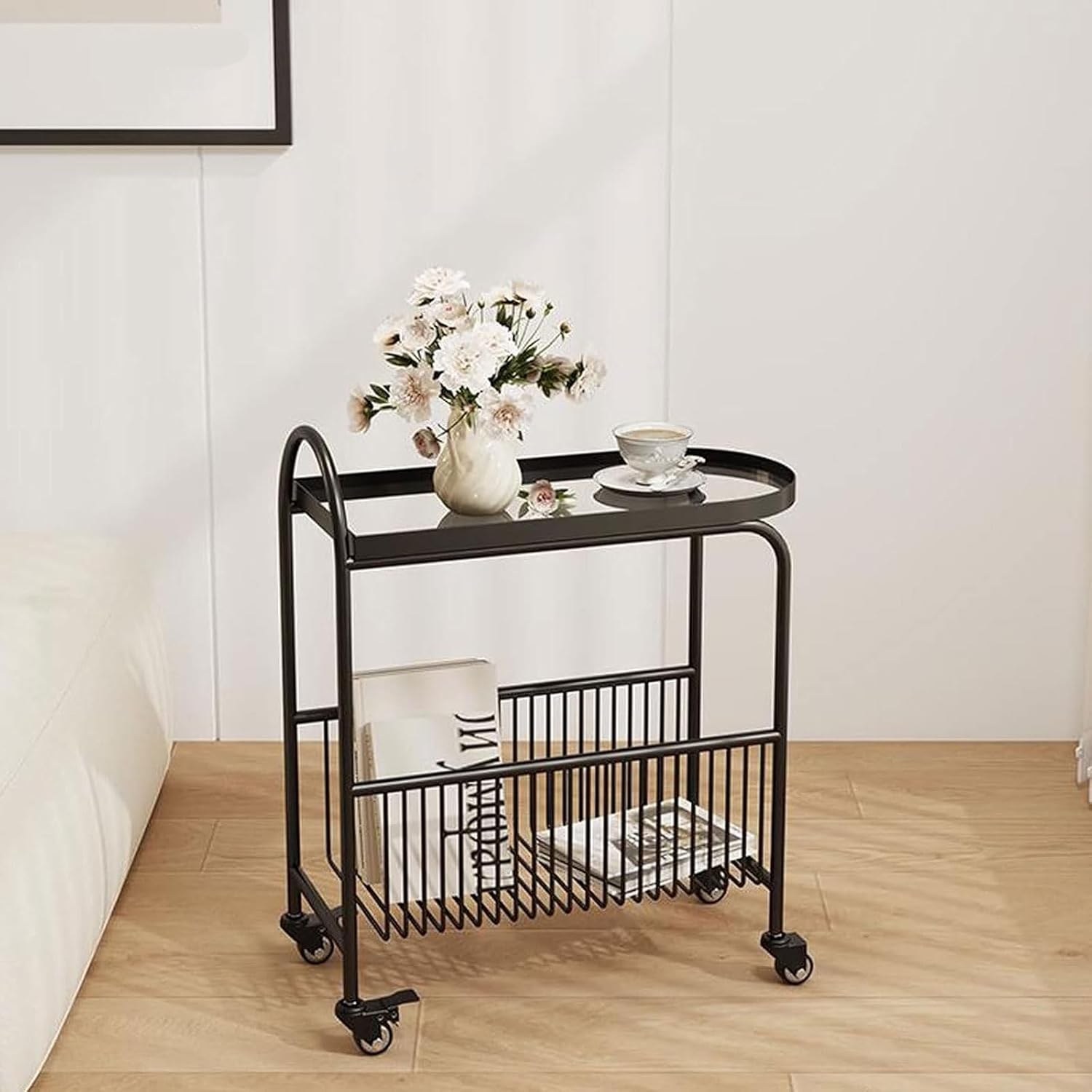 Small Sofa Side Table End Table with Wheels, 2-Tier Utility Rolling Cart Storage, Mobile Trolley Organizer with Handle (Color:A-Black)