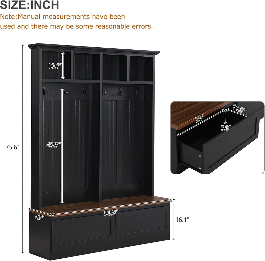 Merax Wood Hall Tree with 6 Hooks & Entryway Bench, Farmhouse Mudroom Versatile Coat Racks with 2 Large Drawers, Entrance Organizer for Hallway, Black