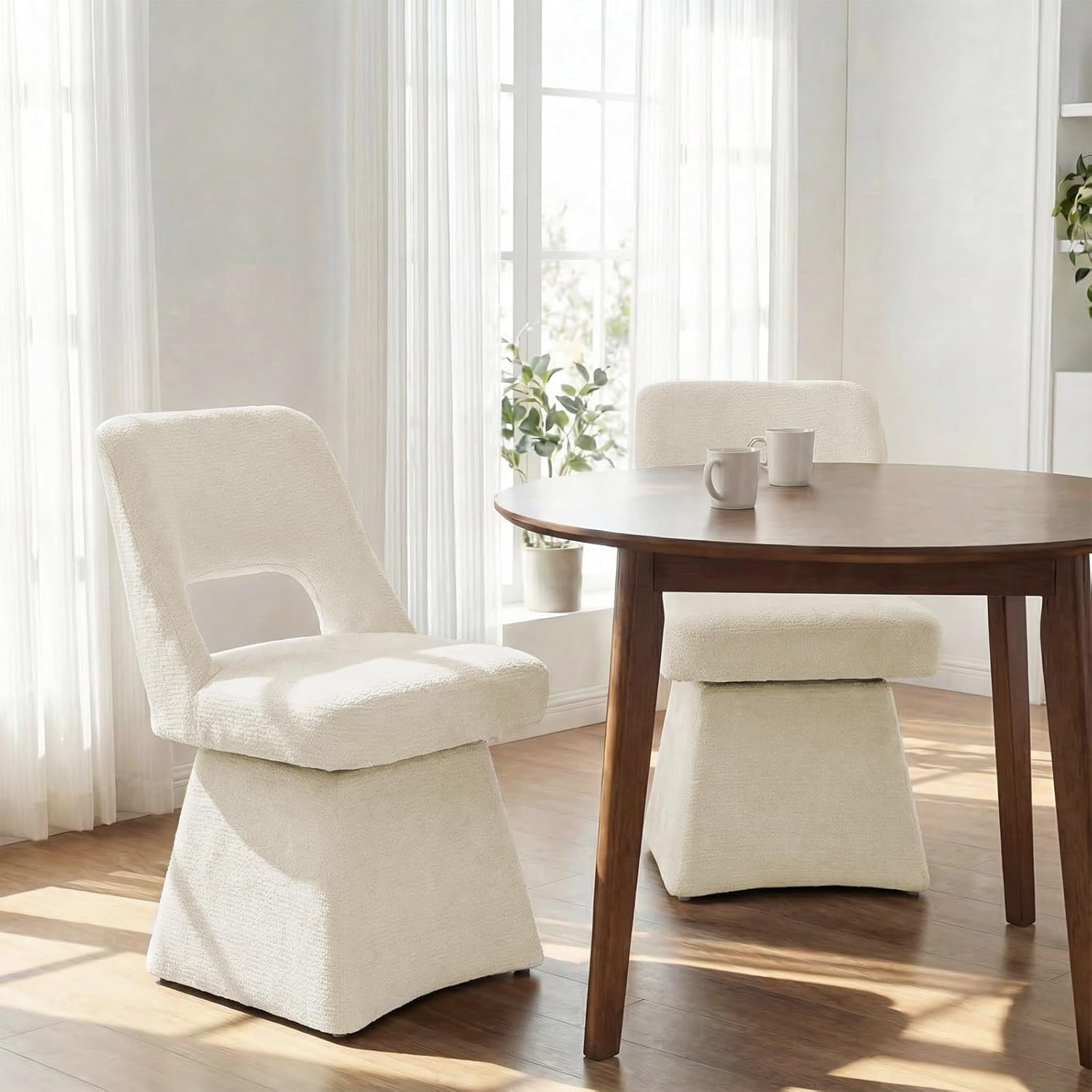 VKNOW Upholstered Swivel Dining Chairs, Modern Dining Room Chairs with Open Back, Chenille Fabric Kitchen Chairs for Dining Room, Living Room, Bedroom, Vanity, Beige(1 Pack)