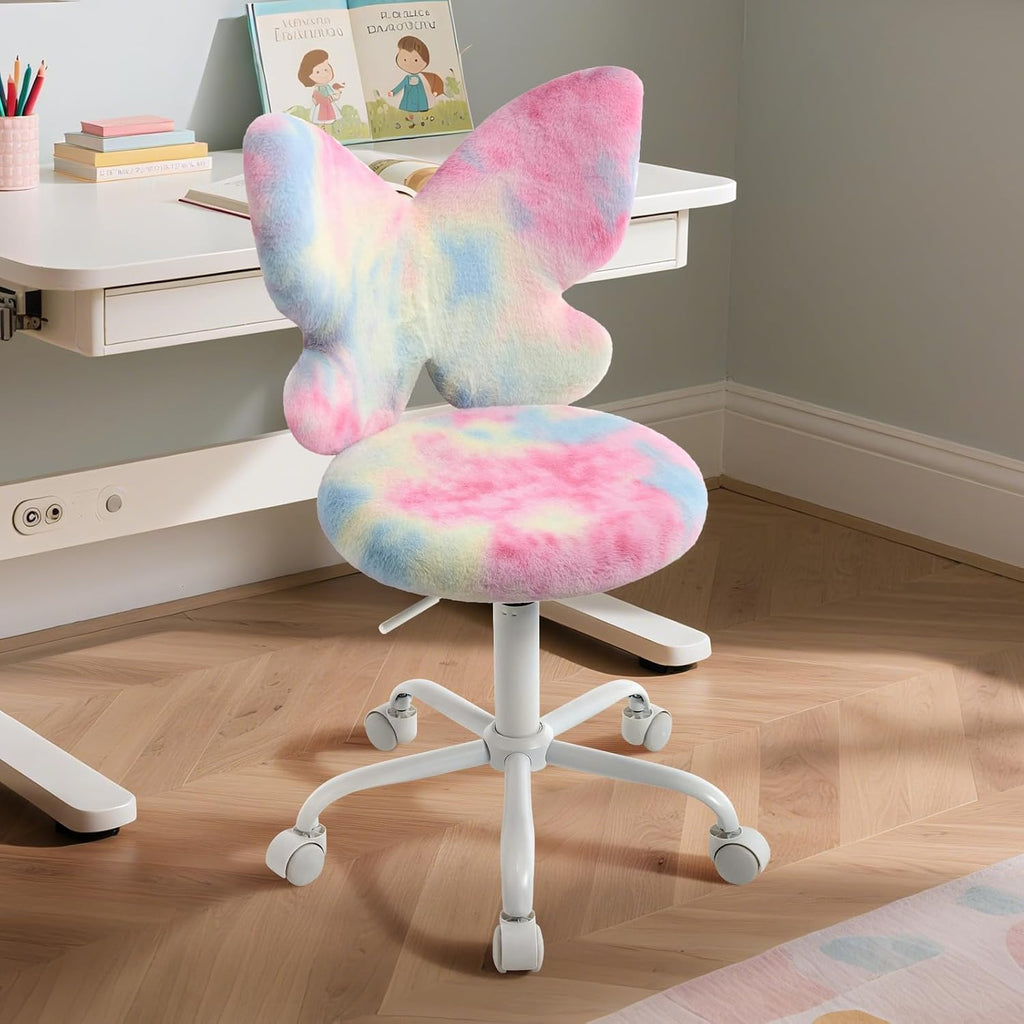 Lessmore Pink Girls Desk Chair - Comfy Swivel Kids Desk Chair for Girls Room, Fluffy Butterfly Kids Office Chair for Reading & Vanity,Pink