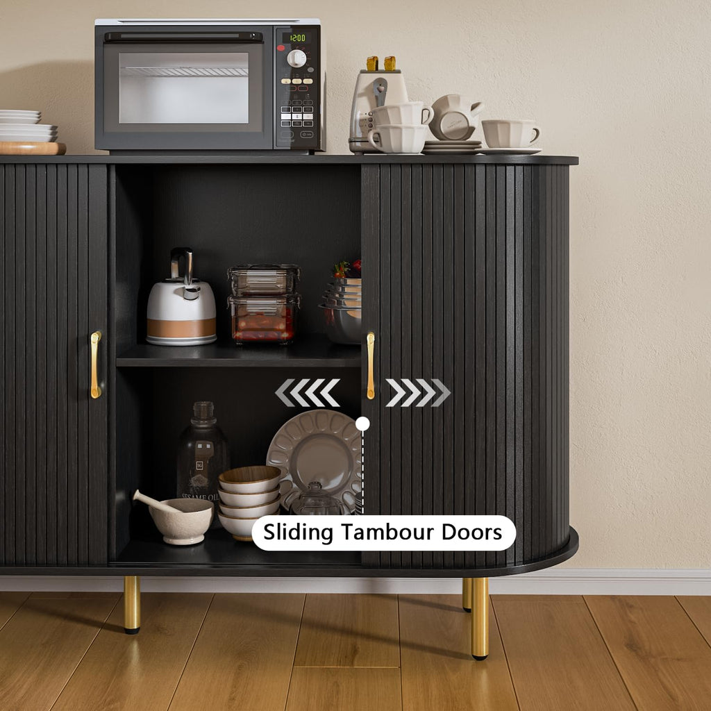 TAVATA Sideboard Buffet Cabinet with Storage, 55" Fluted Storage Cabinet with Tambour Sliding Doors, Wood Coffee Bar Console Table for Living Room Hallway Entryway (Black)