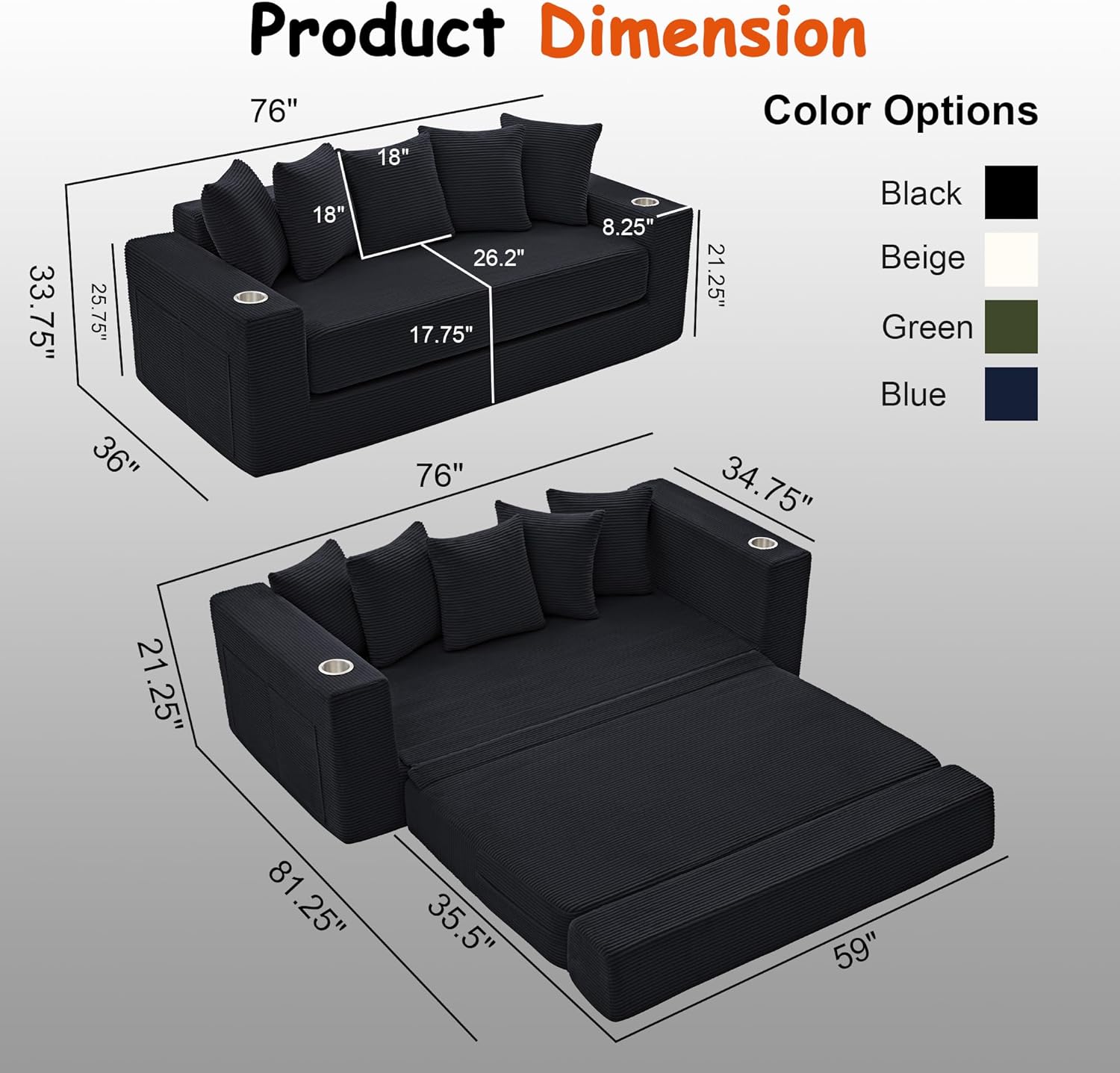 76" Convertible Sofa Bed, 2-in-1 Boneless Sleeper Sofa with Cup Holder & Pocket, Corduroy Pull Out Couch with 5 Pillows, Couch Bed for Living Room, Small Spaces, Bedroom, No Assembly