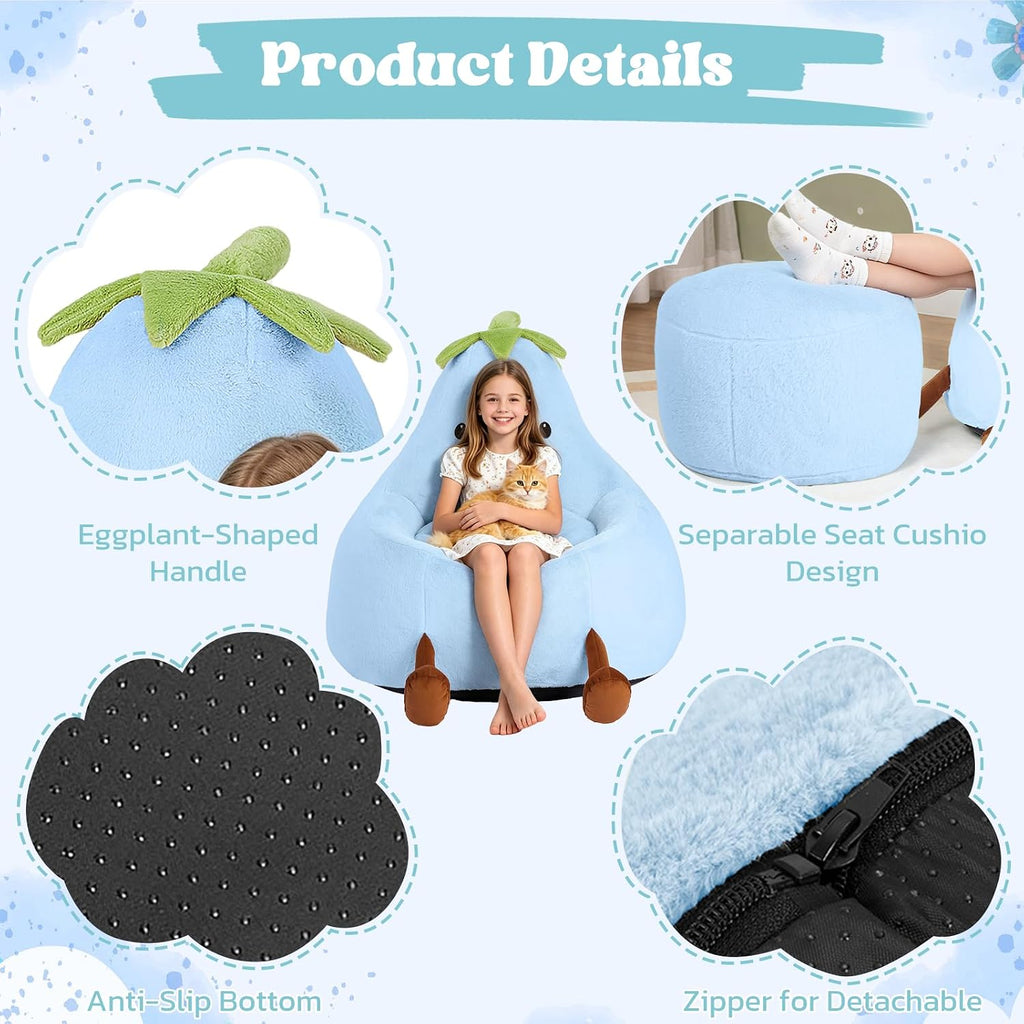2FT Memory Foam Bean Bag Chair - Ultra Soft Faux Rabbit Fur Round Sofa with Handle & Machine Washable Cover, Comfy Lazy Chair for Kids Teens, Perfect for Reading Gaming in Living Room Bedroom, Blue