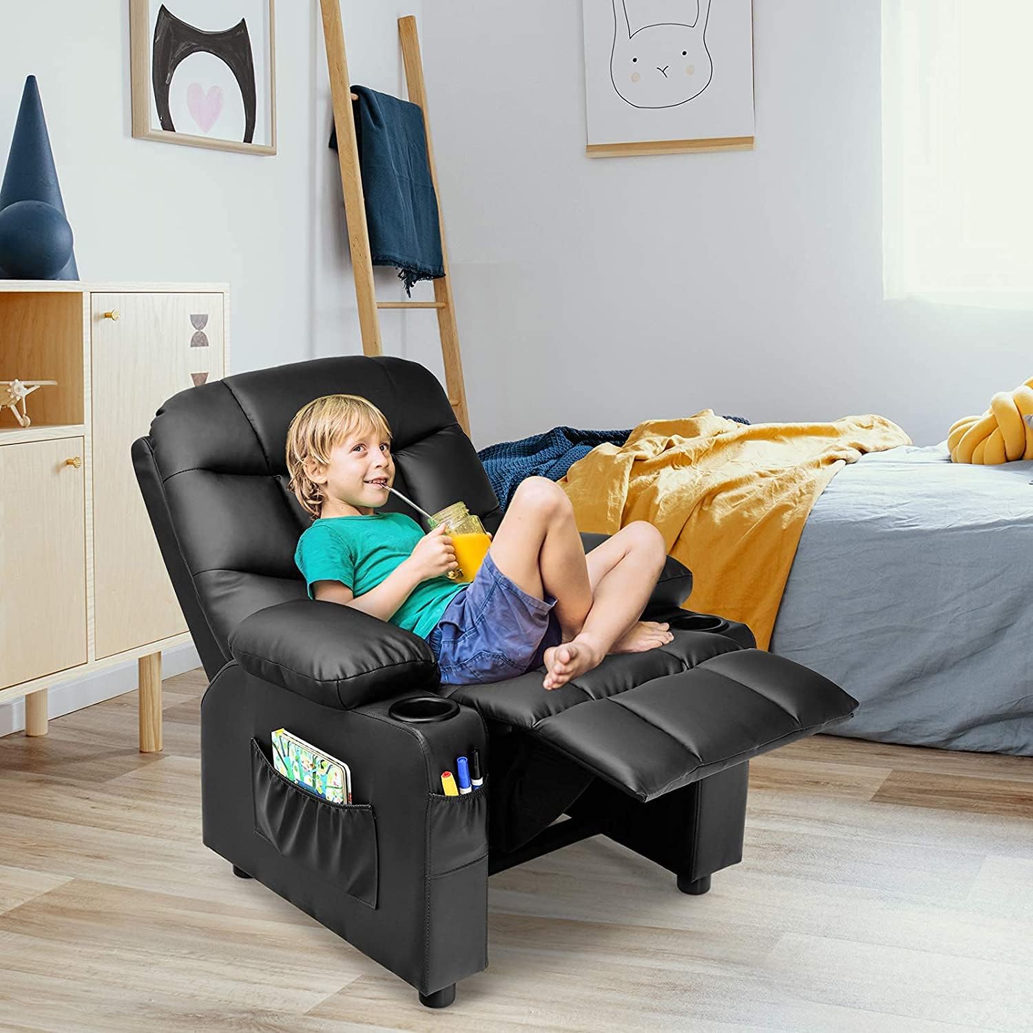 GLACER Kids Recliner Chair w/Cup Holder& Side Pockets, Children Recliner w/Comfortable Backrest, Armrests & Footrest, Toddler PU Leather Recliner for Boys Girls, 3+ Age Group, Black