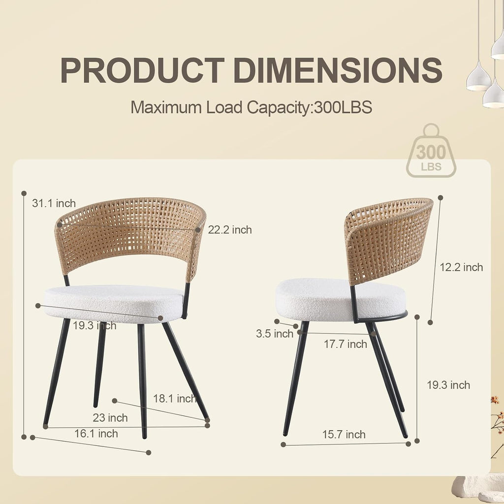 Rattan Dining Chairs Set of 4,Kitchen Chairs with PE Cane Back,Upholstered Boucle Armless Side Chair with Metal Legs for Dining Room/Living Room,Beige White