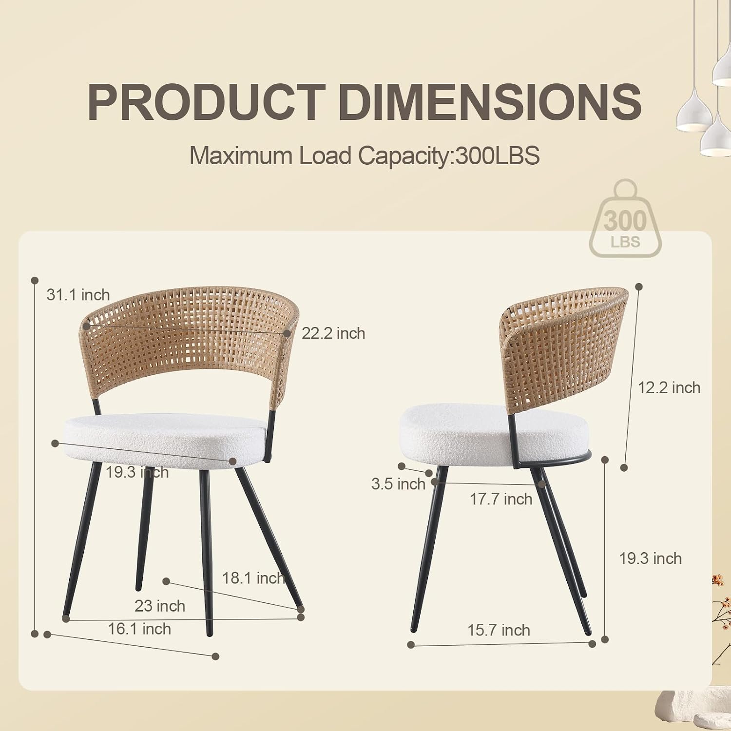 Rattan Dining Chairs Set of 4,Kitchen Chairs with PE Cane Back,Upholstered Boucle Armless Side Chair with Metal Legs for Dining Room/Living Room,Beige White