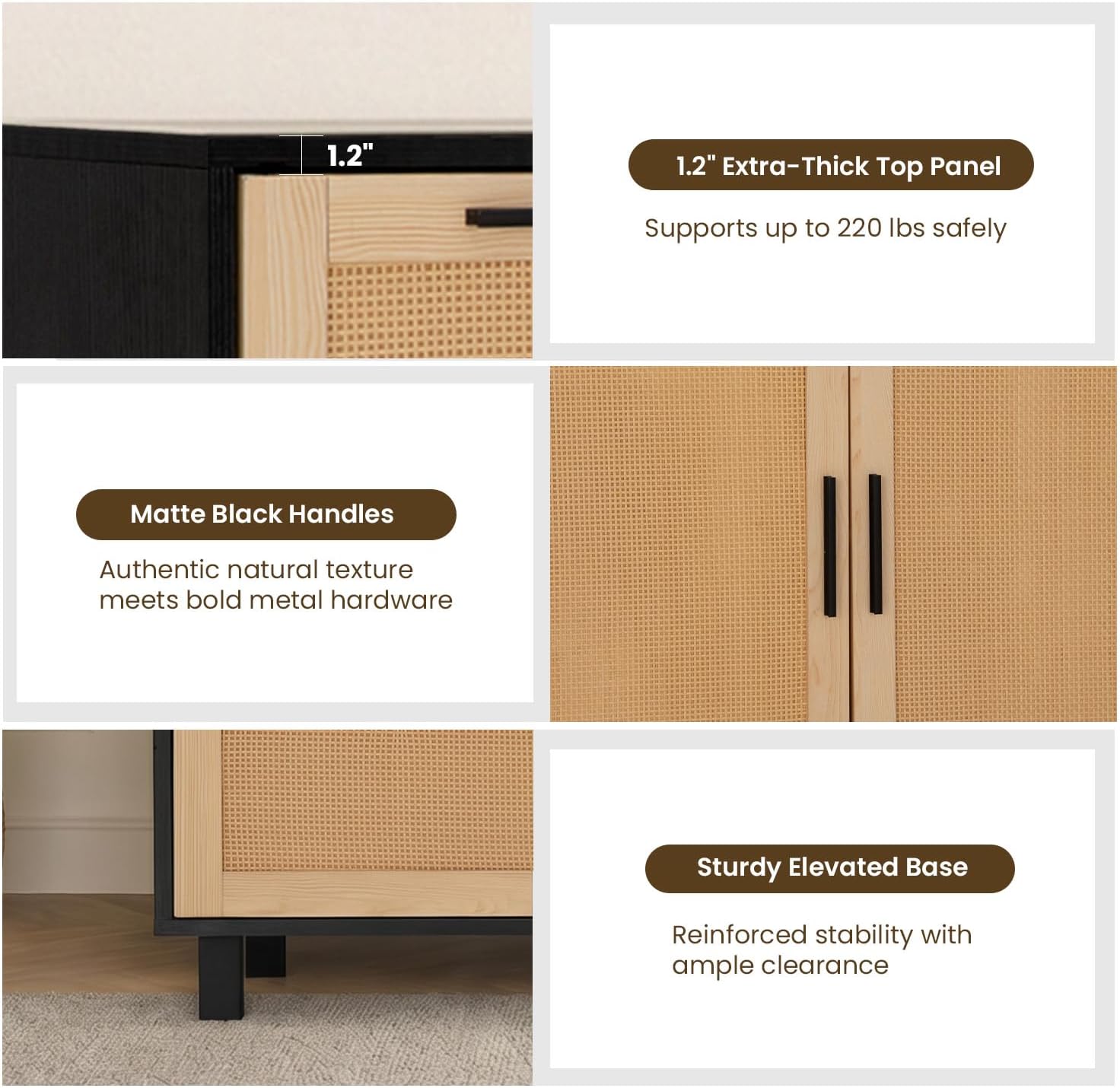 GREEN PARTY 47" Black Rattan Sideboard Buffet Cabinet, Coffee Bar Cabinet with Storage, 3 Drawers and 2 Doors, Modern Kitchen Storage Cabinet for Dining Room, Entryway