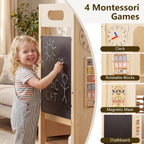 OLAKIDS Toddler Tower Foldable, 4-in-1 Wooden Standing Tower with 2 Step Stool, Chalkboard, Montessori Activity Games Safety Net, Kitchen Stool Helper for Kids 3+ Years
