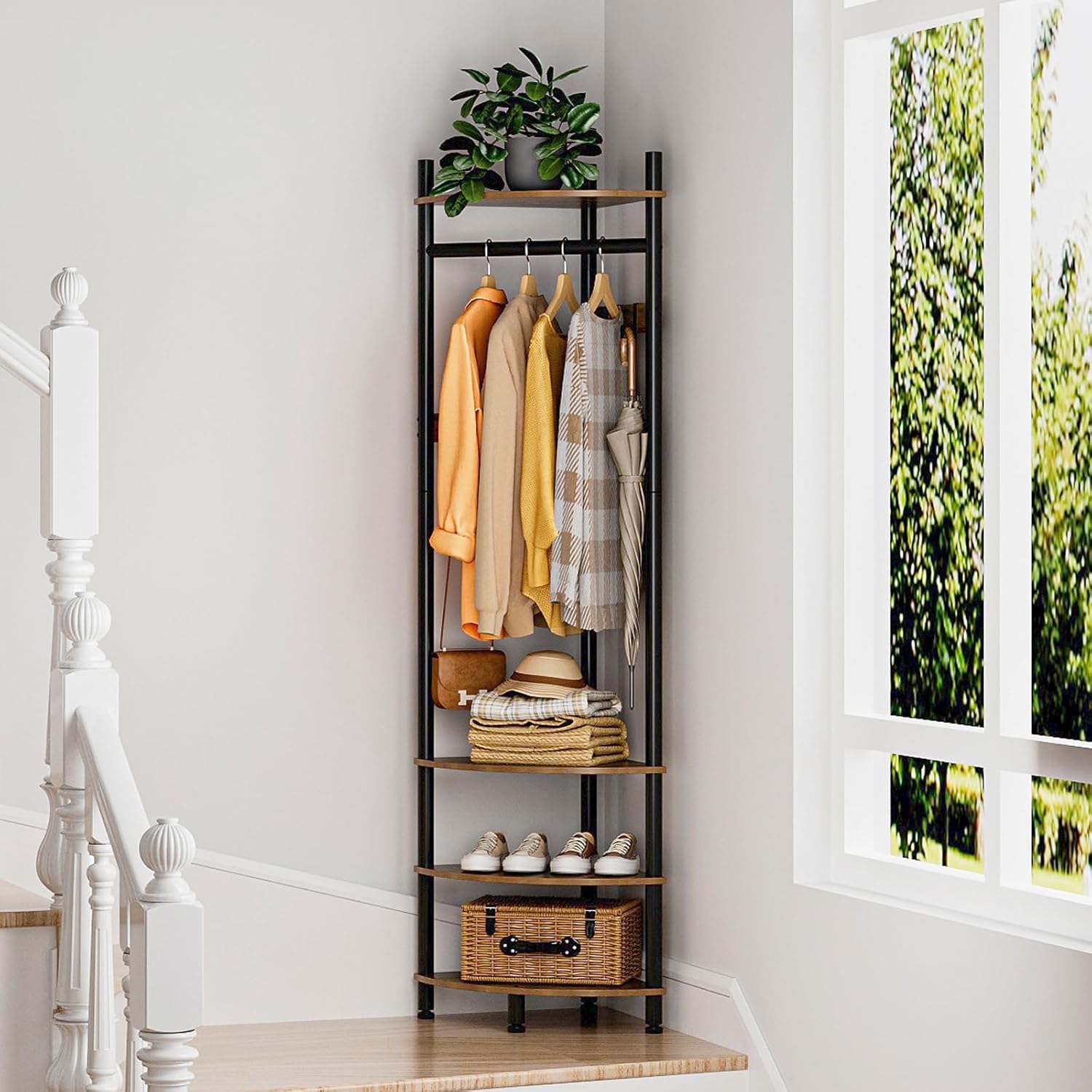 Corner Hall Tree with Shoe Rack and 6 Movable Metal Hooks, Floor Standing Entryway Coat Rack Organizer for Home, Office, or Bedroom – Rustic Brown