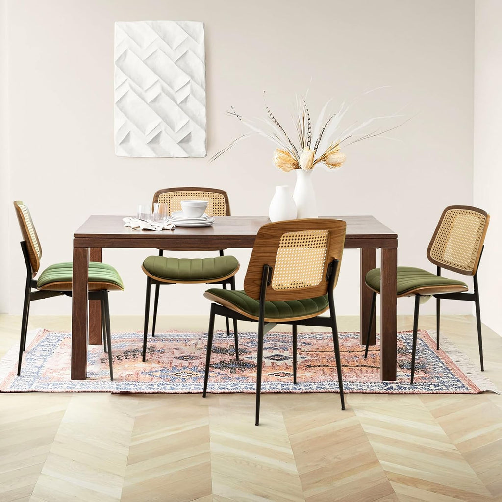 Rattan Dining Room Chairs Set of 2, Mid Century Modern Kitchen Chairs,Green Velvet Walnut Wood Finish Side Chair, Metal Legs Chair with Rattan Backrest,Green Fabric