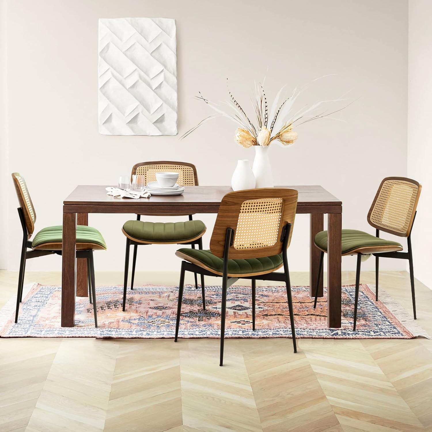 Rattan Dining Room Chairs Set of 2, Mid Century Modern Kitchen Chairs,Green Velvet Walnut Wood Finish Side Chair, Metal Legs Chair with Rattan Backrest,Green Fabric