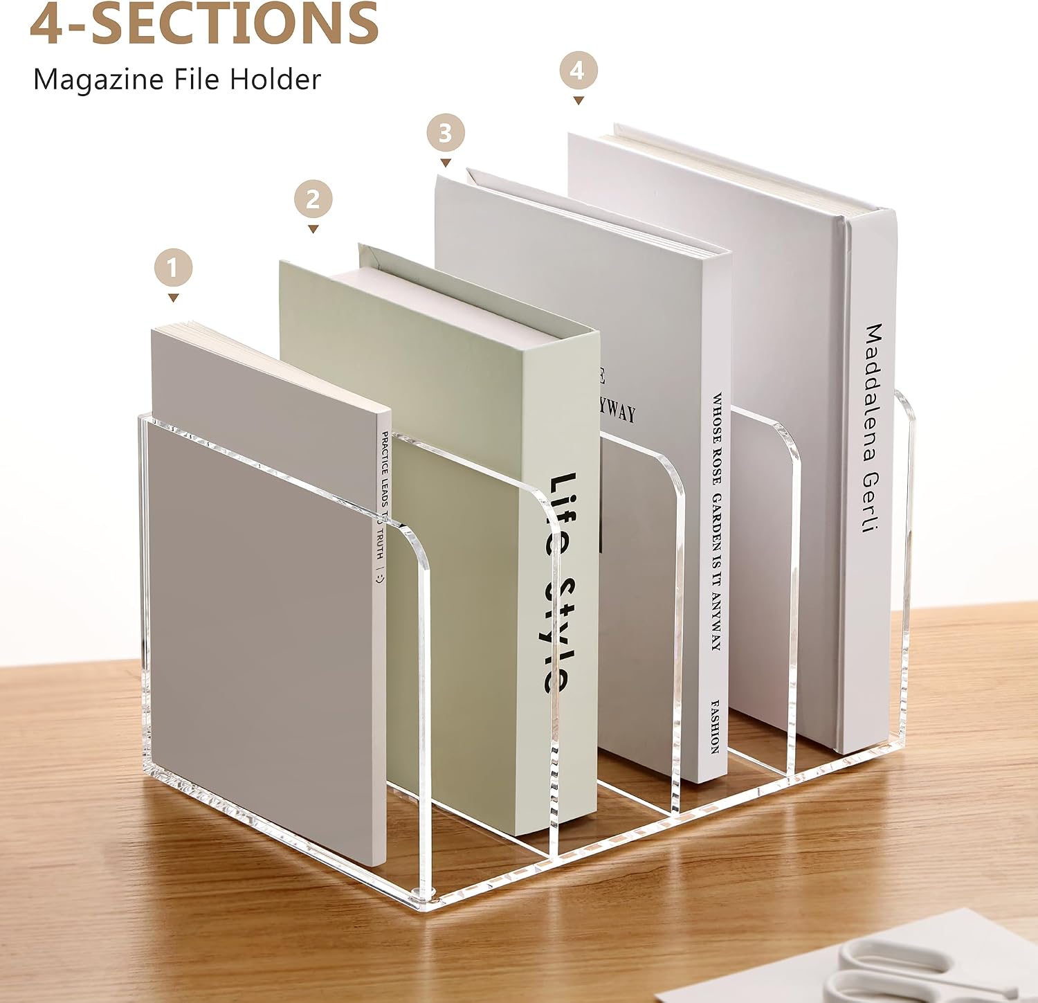 SANRUI Acrylic Magazine Holder Desk Organizer Workspace Sorters，Clear Bookend File Sorter Holder,Folder Rack, Office Accessories Organization Storage with 4 Vertical Compartments