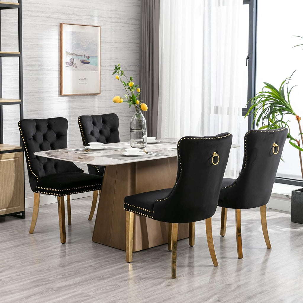 Luxury Upholstered Dining Chairs Set of 4, Black Kitchen Chair with Golden Metal Legs, Velvet Tufted Back Dining Chair, Sillas de Comedor, Modern Kitchen & Dining Room Chairs (Black, 4 Pcs)