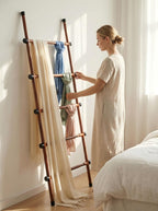 SIBRAD Expandable Blanket Ladder for Living Room, Adjustable Width (17.3"-32.3") Tall Metal Quilt Rack Wall Leaning, Rustic Brown Wood Grain 5-Tier Blanket Holder, Heavy Duty 45 Lbs Capacity