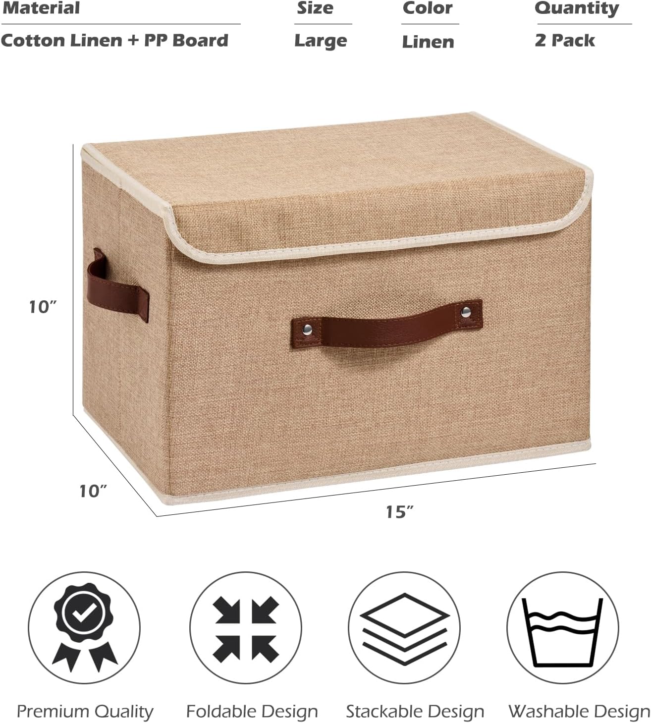 2PCS Storage Boxes with Lid Cotton Linen Fabric Storage Bins Organizer Container Decorative Collapsible Washable Shelf Closet Baskets Faux Leather Handles Home Bedroom (Linen, Large)