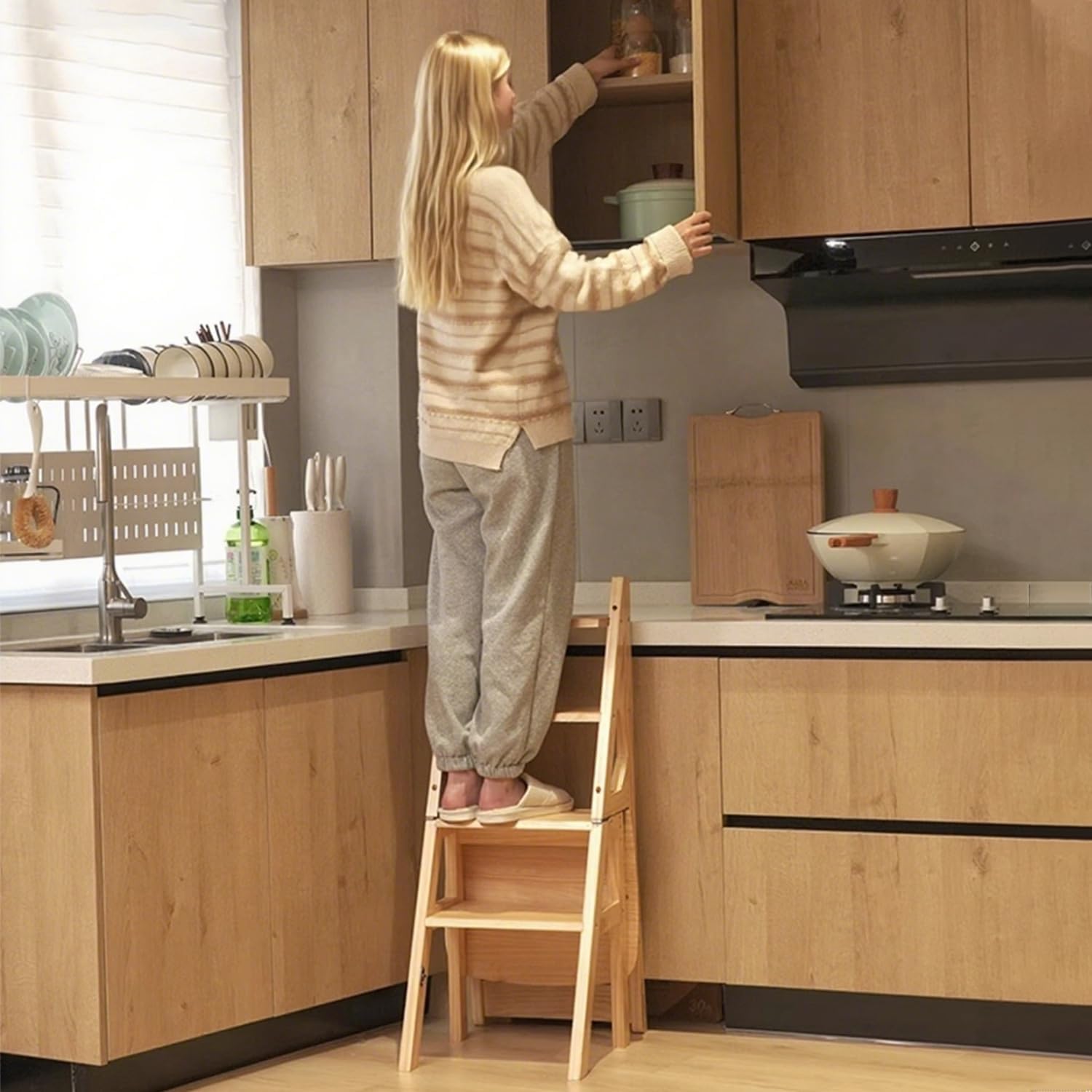 Solid Wood 3-in-1 Folding Ladder Chair, Convertible Step Stool & Display Rack, 4-Tier Multi-Functional Ladder, Dual Purpose for Home, Kitchen, Library, 265 lbs Capacity (Brown)
