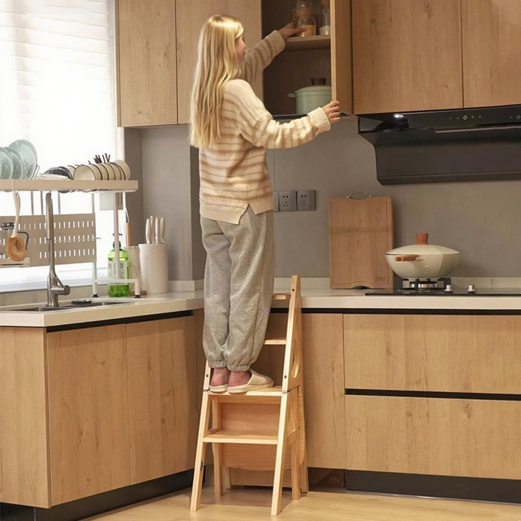 Solid Wood 3-in-1 Folding Ladder Chair, Convertible Step Stool & Display Rack, 4-Tier Multi-Functional Ladder, Dual Purpose for Home, Kitchen, Library, 265 lbs Capacity (Walnut Color, 13 x 18 x 35 in)