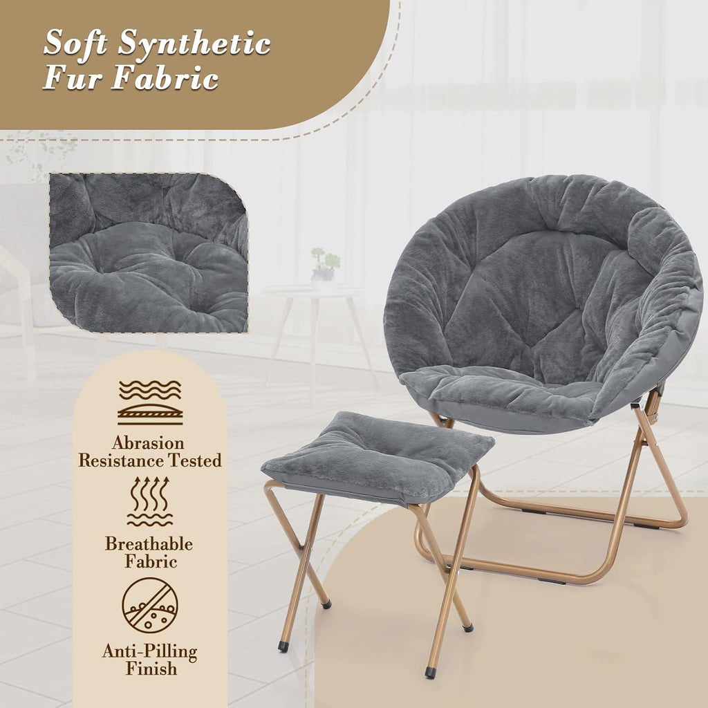 Athena Collection Round Saucer Chair with Ottoman Set for Adults, Oversize Comfy Cozy Faux Fur Folding Reading Chair with Metal Leg Lazy Relaxing for Living Room Bedroom Dorm Apartment, Grey