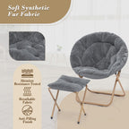 Athena Collection Round Saucer Chair with Ottoman Set for Adults, Oversize Comfy Cozy Faux Fur Folding Reading Chair with Metal Leg Lazy Relaxing for Living Room Bedroom Dorm Apartment, Grey