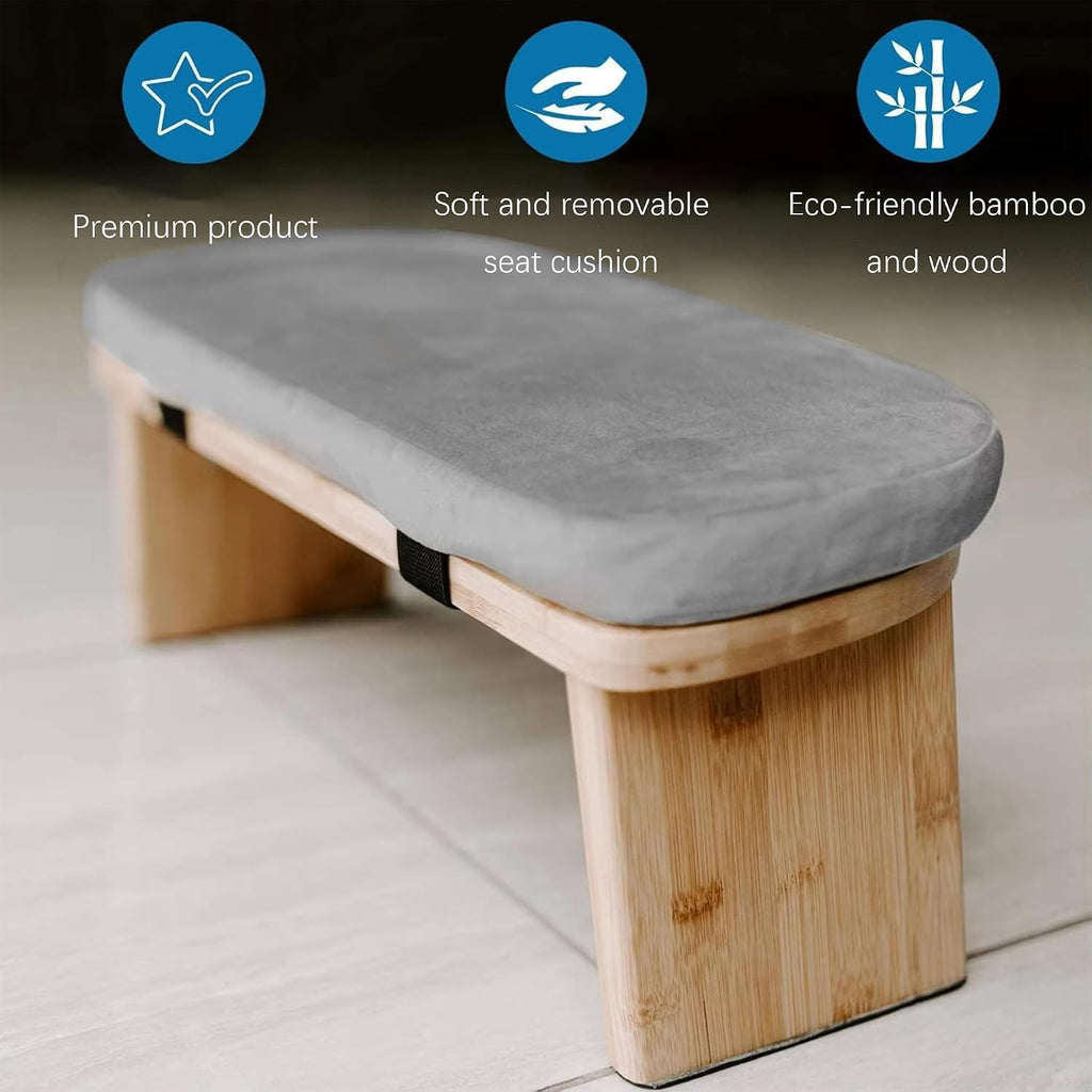 Adjustable Bamboo Meditation Bench with Carry Bag, Foldable Kneeling Yoga Stool, Removable Velvet Cushion, Ergonomic Prayer Seat for Meditation, Yoga, Prayer, Zen Practice (Gray-blue1)