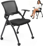 1 Pack Stackable Folding Office Chair with Wheels, Ergonomic Mesh Conference Room Guest Chair Stool for Waiting, Training Rooms, Reception, Events, Capacity 350lbs