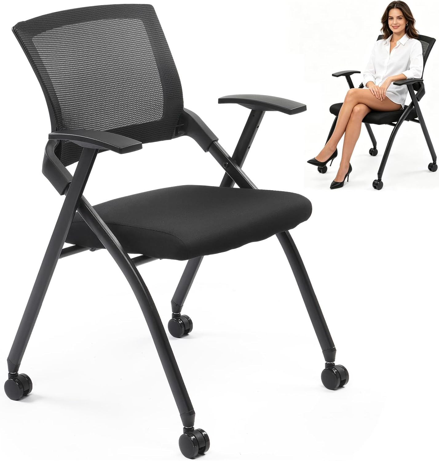 1 Pack Stackable Folding Office Chair with Wheels, Ergonomic Mesh Conference Room Guest Chair Stool for Waiting, Training Rooms, Reception, Events, Capacity 350lbs